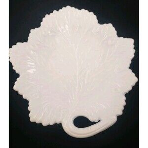Vintage Fenton Leaf White Milk Glass Serving Plate Stem Handle 1950s 8.25"x 8"